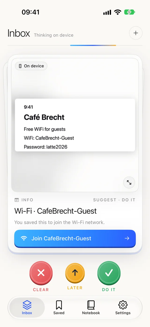 The Inbox: a Wi‑Fi card with a Join button and the Clear, Later and Do it rings