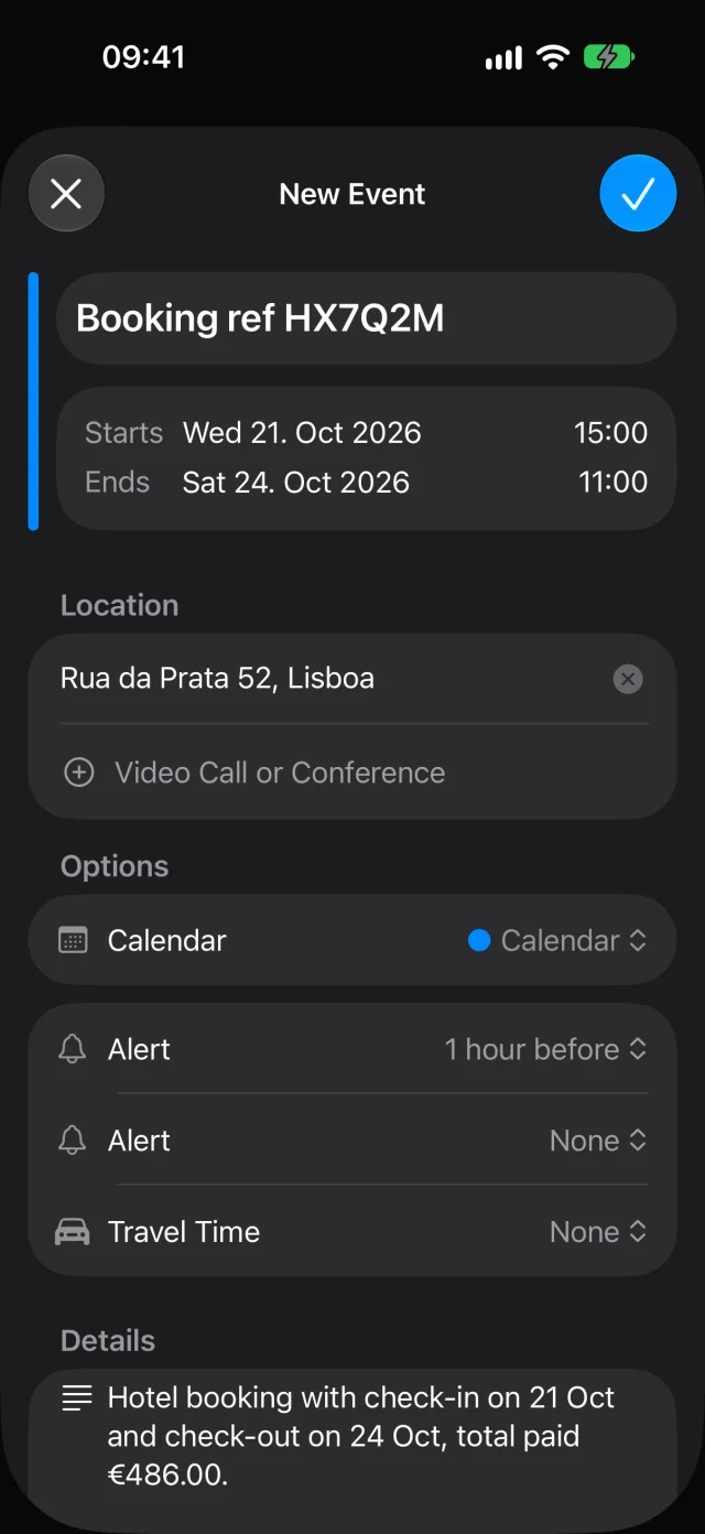 A calendar event prefilled from the booking