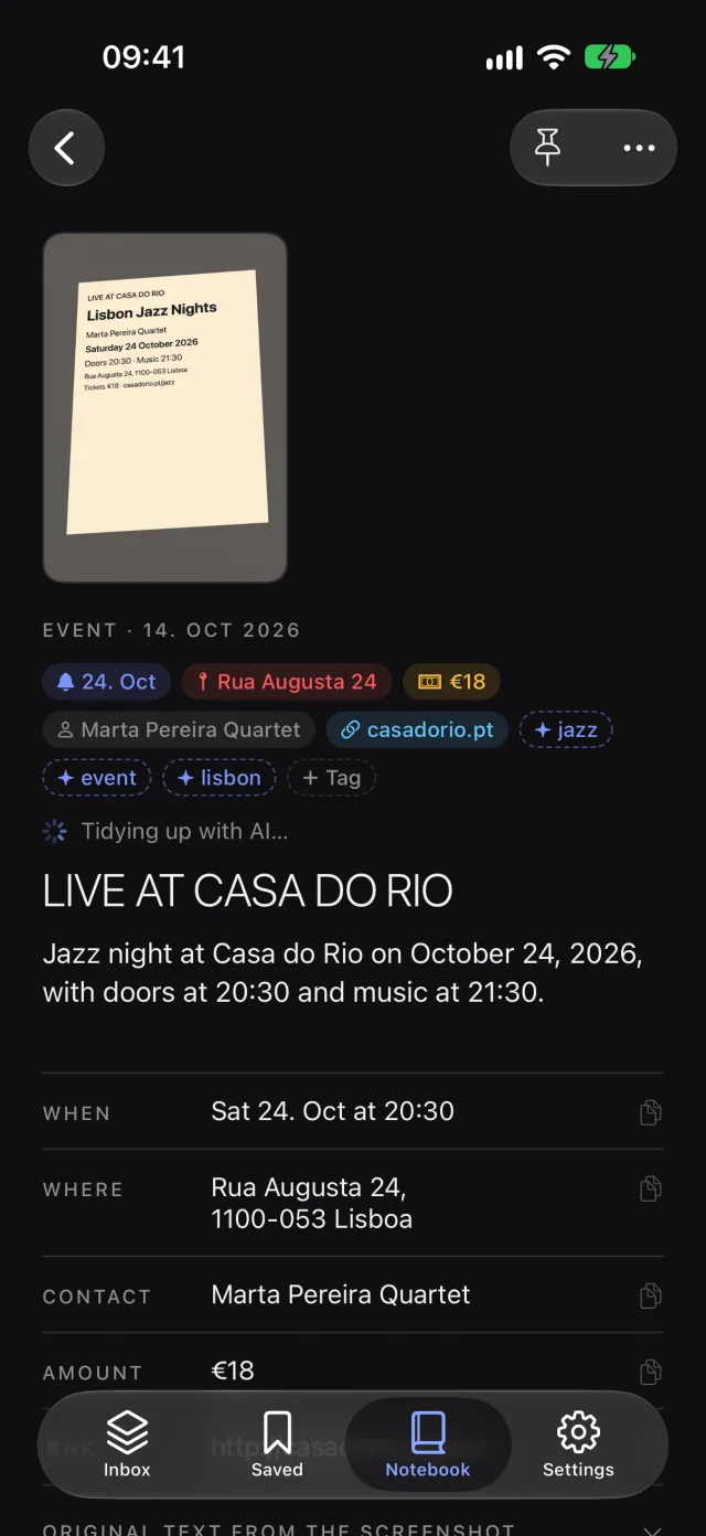 A note in the Notebook with its image and text