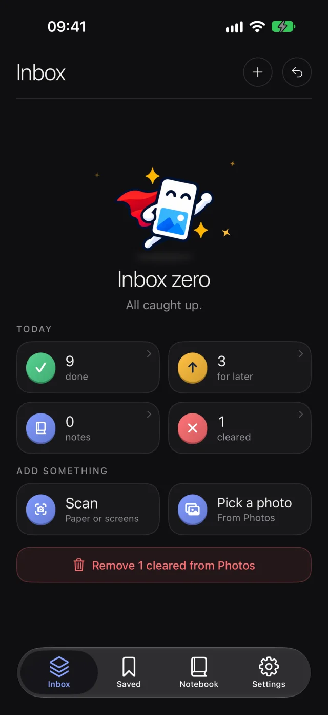 Inbox zero with today's tally: done, later, notes, cleared